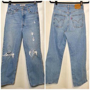 Levi’s Ribcage Straight High Rise Distressed Split Hem Cropped Ankle Jeans 26